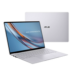 Silver ASUS ExpertBook laptop with screen on and closed lid on a white background