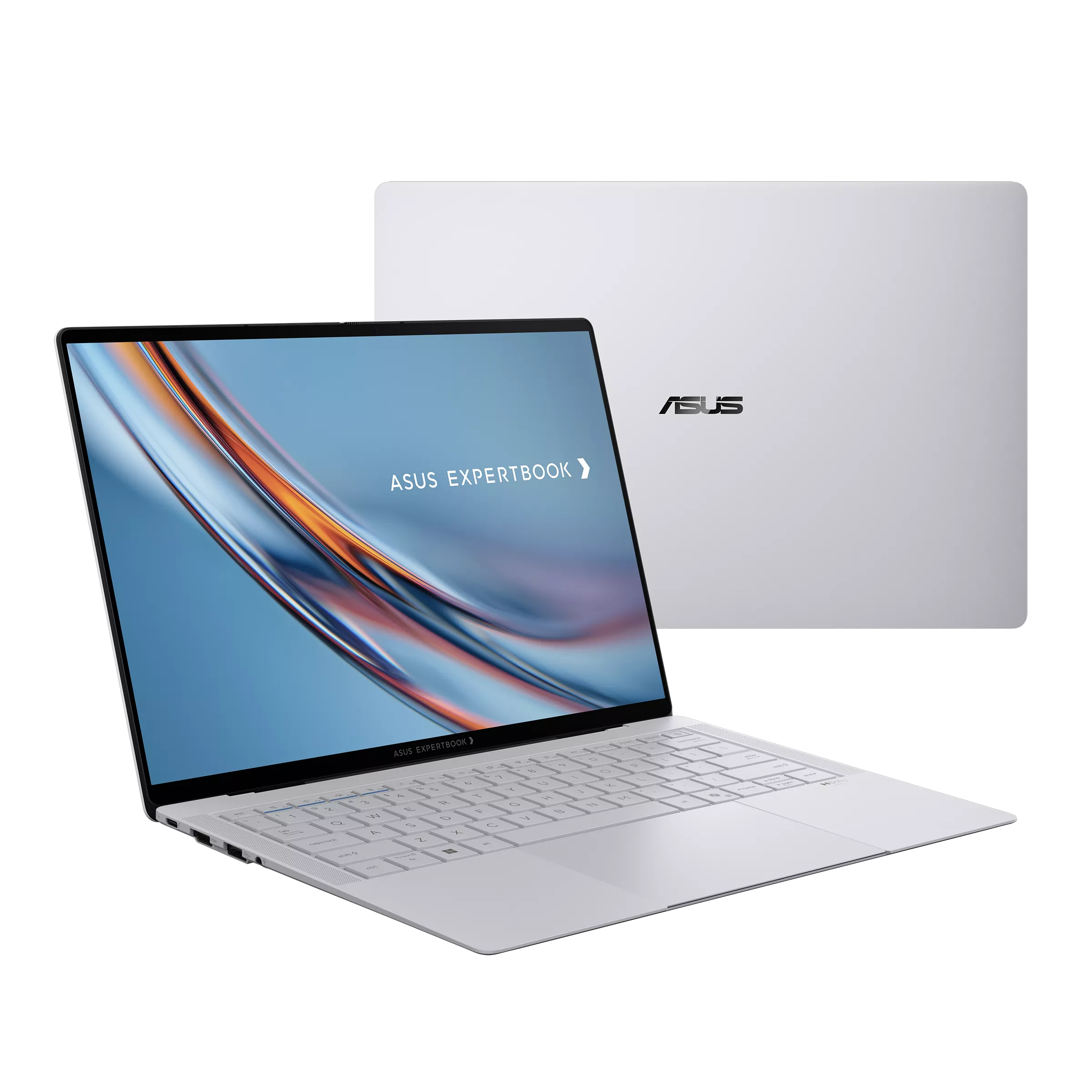 Silver ASUS ExpertBook laptop with screen on and closed lid on a white background