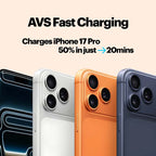 Four iPhone models in different colors with AVS Fast Charging text on a beige background