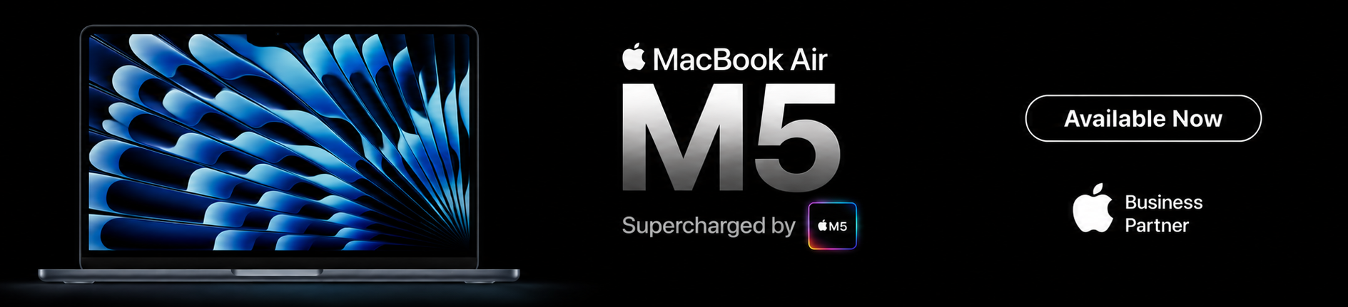 Advertisement for MacBook Air M5 with a black background