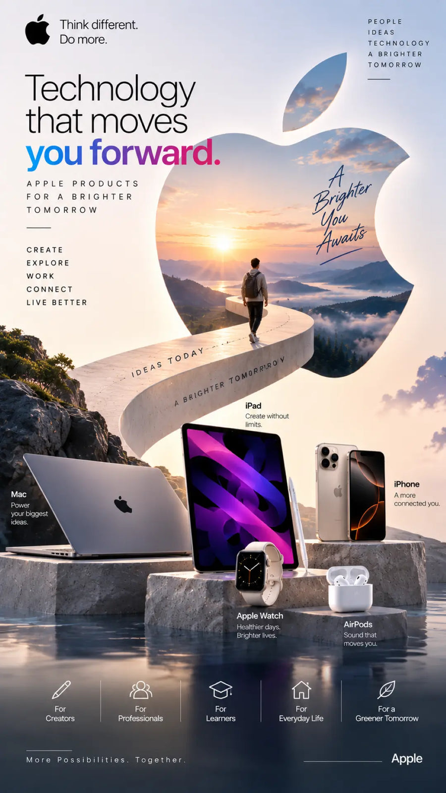 A promotional infographic for Apple products on a white background, featuring logos, marketing text, and multiple device mockups including a laptop, iPad, iPhone, Apple Watch, and a smartwatch. The layout is structured as a feature grid with icons and headings such as Seamless Ecosystem, Powerful Performance, and All-Day Battery Life.