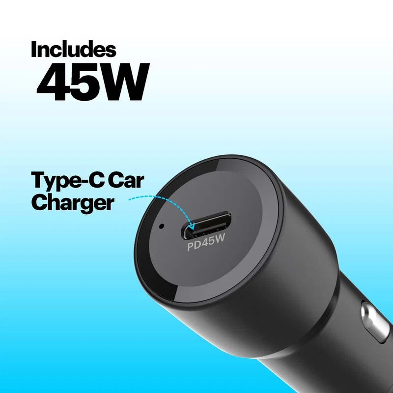 45W Type-C car charger with text on a blue background