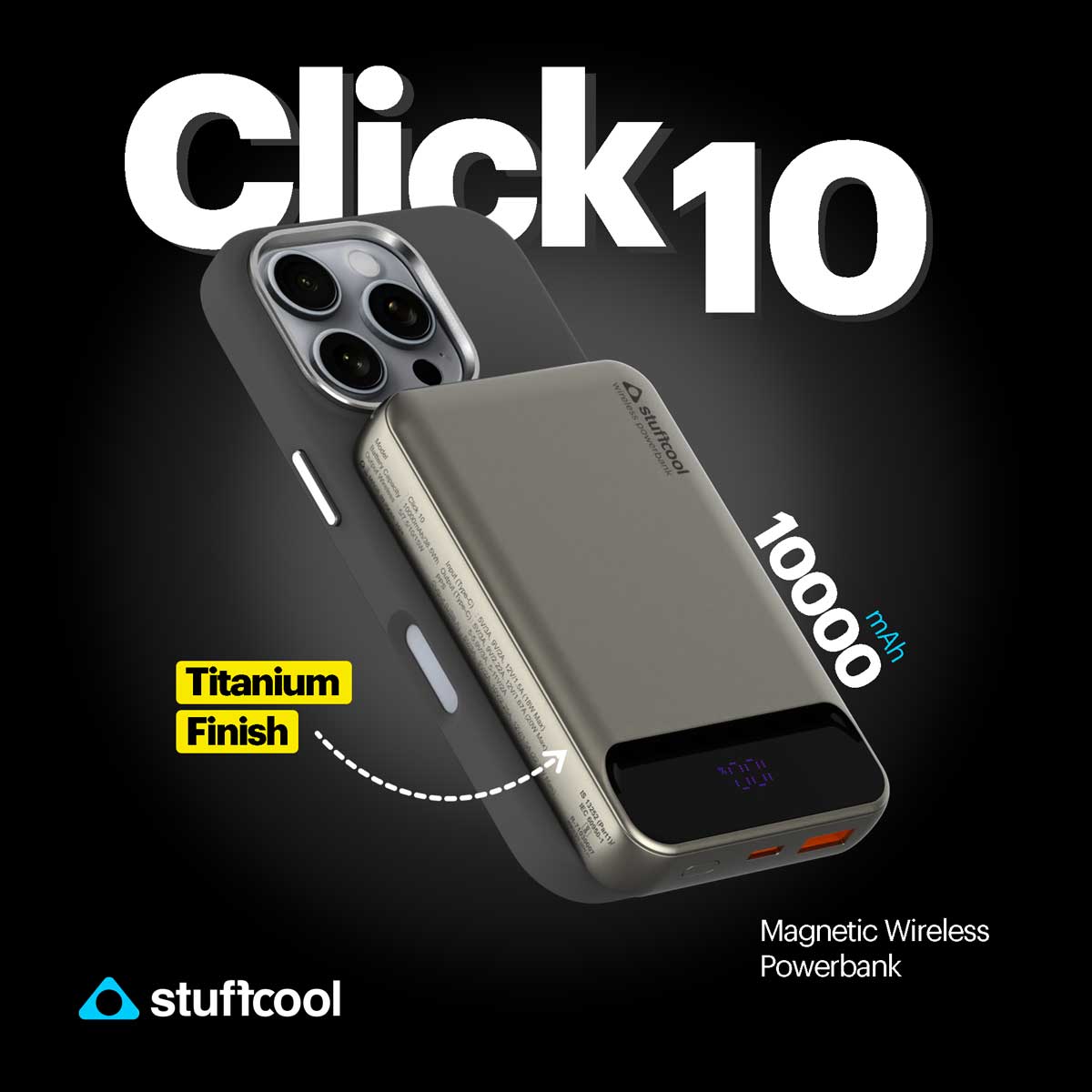 Click 10000mAh 15W Slim Magnetic Wireless Powerbank with Natural Titanium Finish for iPhone