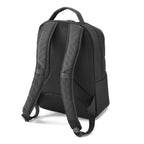 A black backpack shown from the back view, featuring a textured mesh back panel, padded shoulder straps, and a top carry handle, set against a plain white background.
