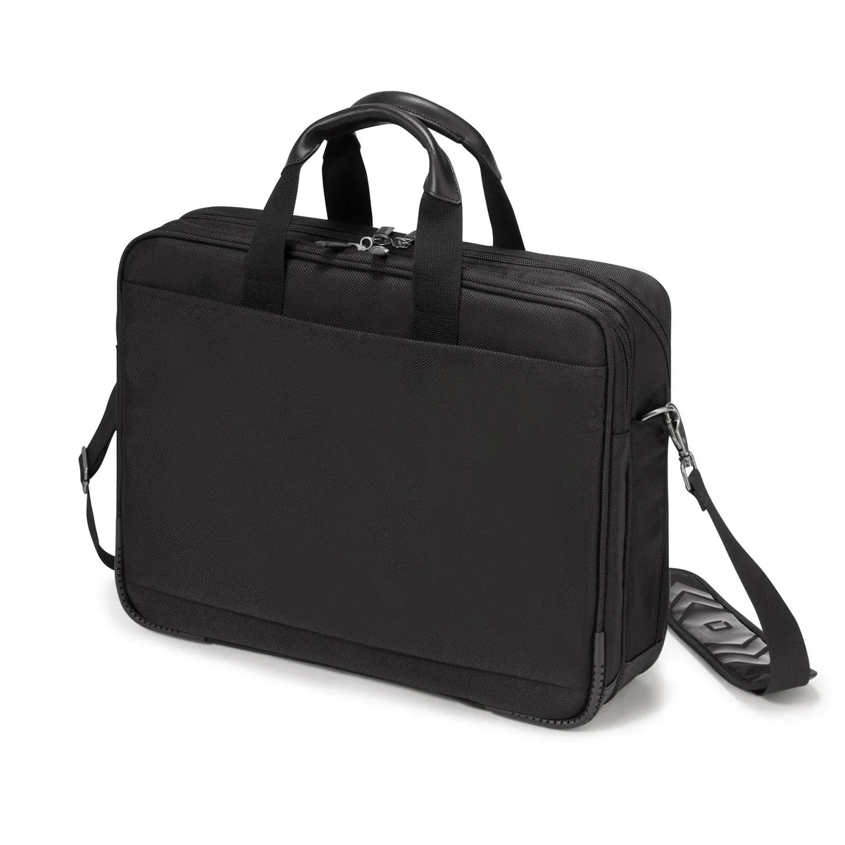 Black briefcase with shoulder strap on a white background