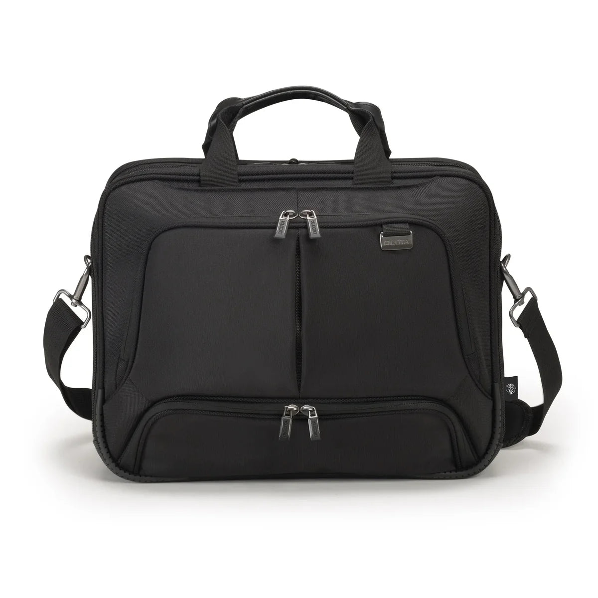 Black travel bag with multiple zippers on a white background