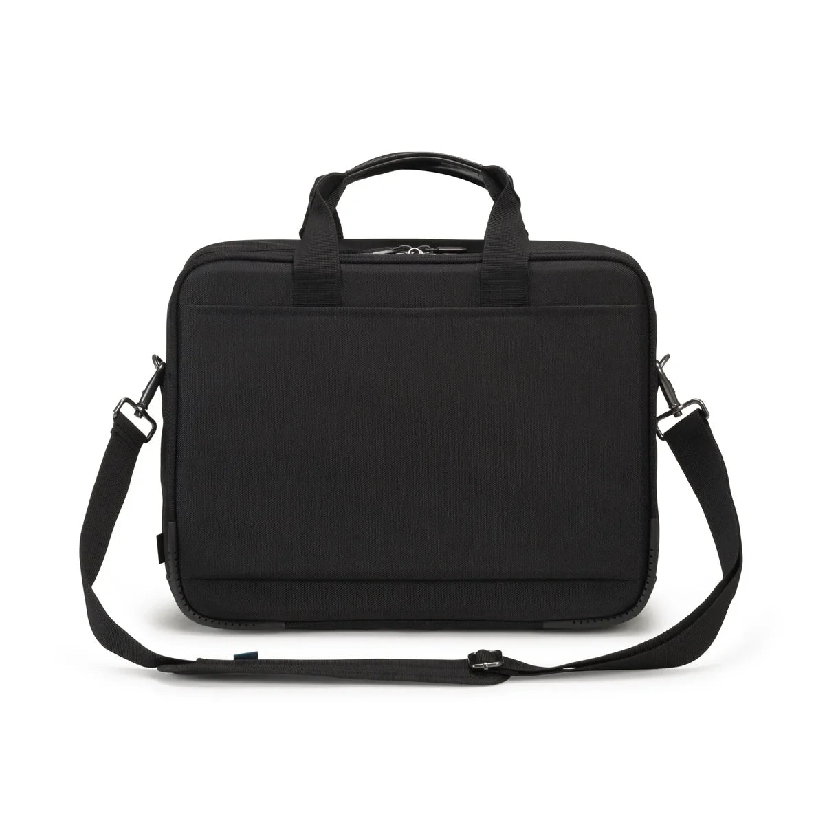 A black nylon briefcase-style laptop bag with dual top handles and an adjustable shoulder strap, shown against a plain white background.