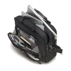Black backpack with compartments containing a laptop and other items on a white background