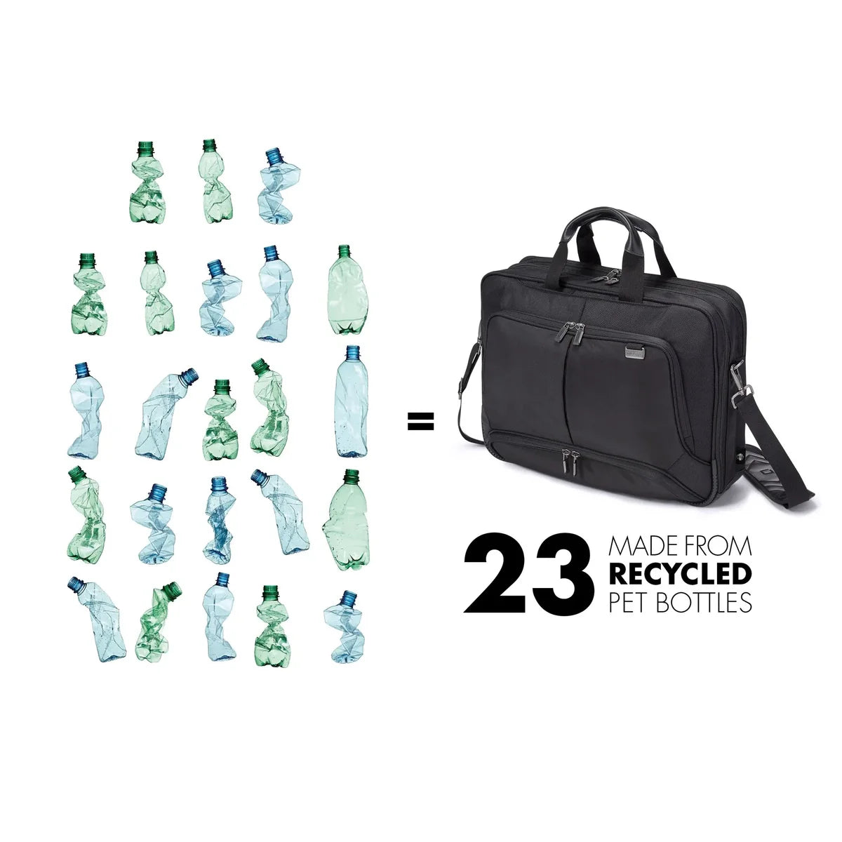 A black laptop briefcase bag shown next to a graphic of 23 recycled plastic bottles, with text reading 'MADE FROM 23 RECYCLED PET BOTTLES' on a white background.