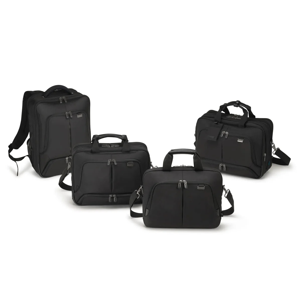 Four black business bags in different sizes arranged on a white background: a backpack, a top-handle satchel, a shoulder bag, and a briefcase-style bag with silver zipper hardware.