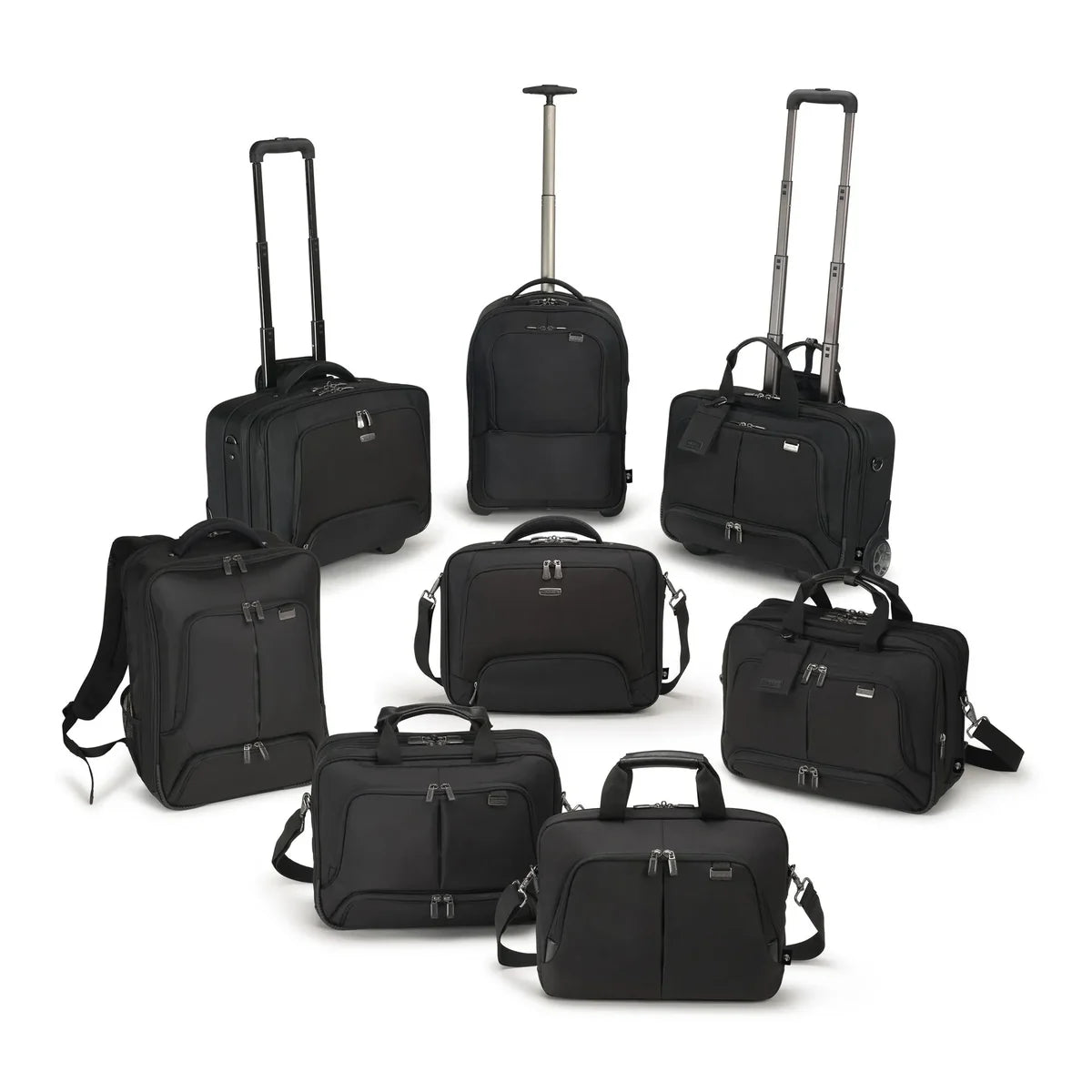 A 7-piece black luggage set including various sizes of rolling suitcases, backpacks, and duffel bags, arranged on a clean white background.