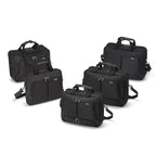 Five black laptop and briefcase-style bags in different sizes arranged on a clean white studio background.