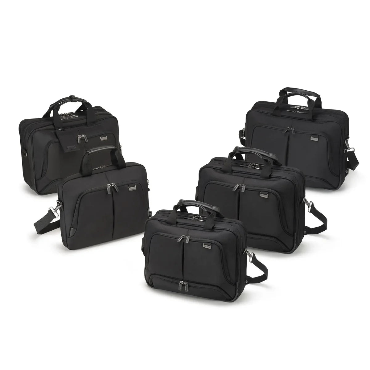 Five black laptop and briefcase-style bags in different sizes arranged on a clean white studio background.