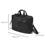 Black briefcase-style duffel bag with top handles, front zip pockets, and an adjustable shoulder strap, shown on a white background with dimension lines and labels indicating 40 cm length, 30 cm height, and 15 cm depth.