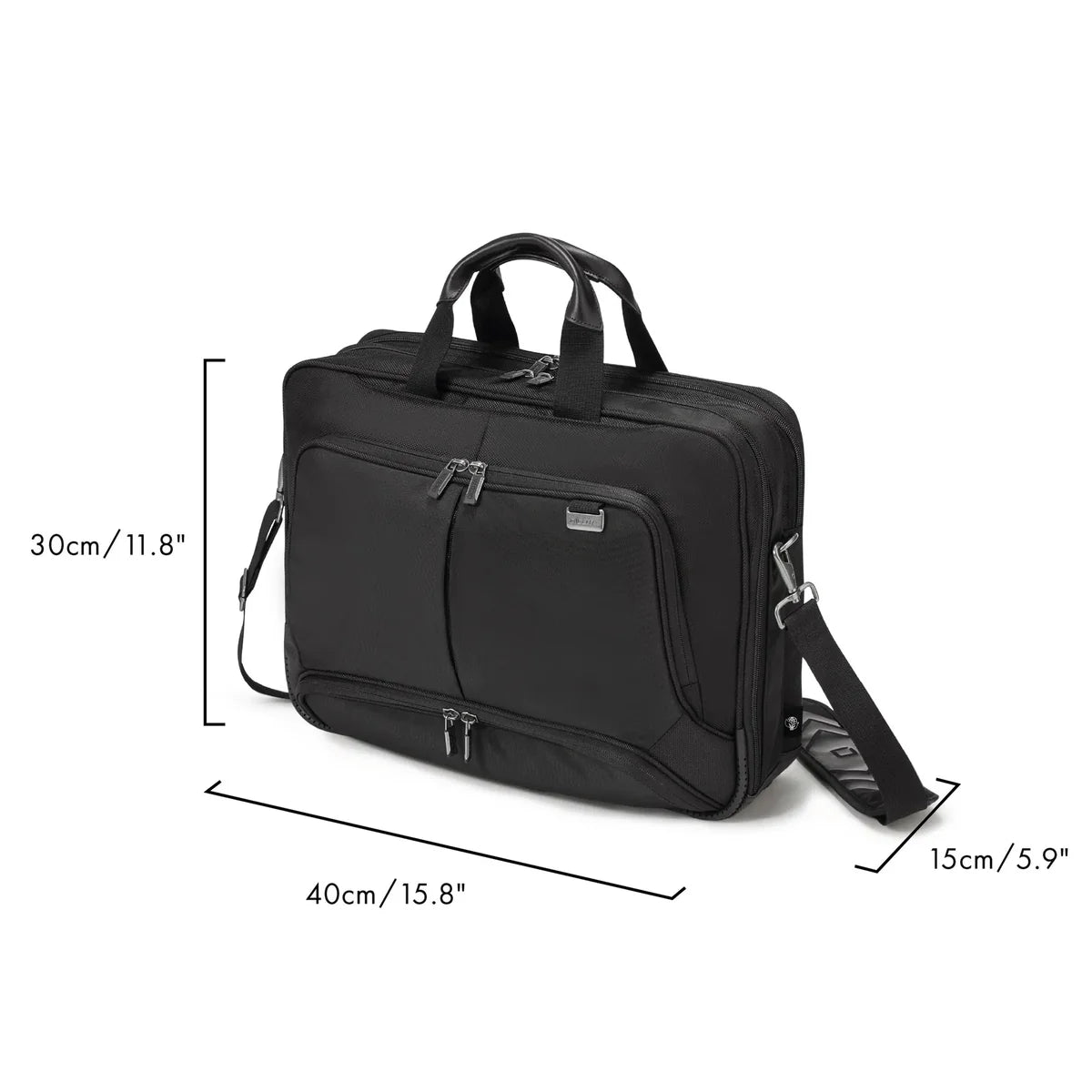 Black briefcase-style duffel bag with top handles, front zip pockets, and an adjustable shoulder strap, shown on a white background with dimension lines and labels indicating 40 cm length, 30 cm height, and 15 cm depth.