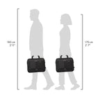 A black briefcase or laptop bag shown in two side-profile walking silhouettes to indicate size compatibility. The left silhouette is labeled 180 cm (5'11") and the right silhouette is labeled 170 cm (5'7") on a plain white background.