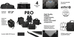 A promotional collage for an amori PRO laptop backpack, showing multiple views of the black backpack, feature callouts, size information, and certification logos on a white background.