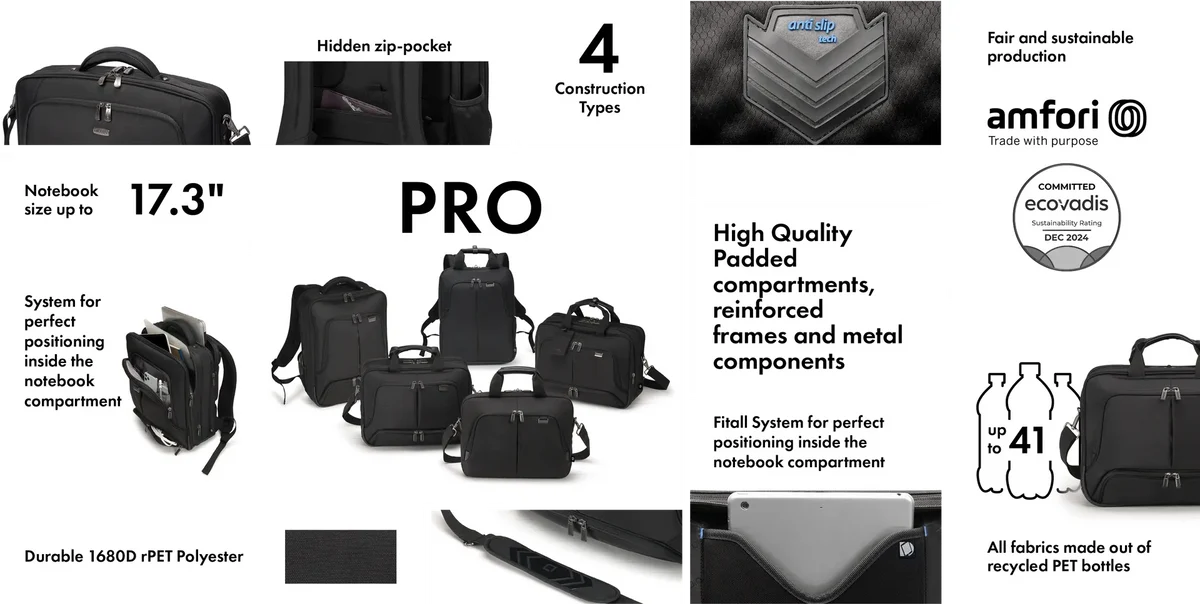 A promotional collage for an amori PRO laptop backpack, showing multiple views of the black backpack, feature callouts, size information, and certification logos on a white background.