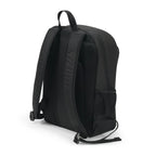 Black backpack shown from the back on a white background
