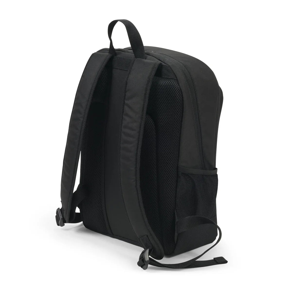 Black backpack shown from the back on a white background