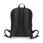 The back view of a black backpack with padded shoulder straps and a top carry handle, shown on a plain white background.