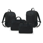 Four black office bags in different sizes arranged together on a white background, including two backpacks and two hard-sided briefcases with top handles and front zip compartments.