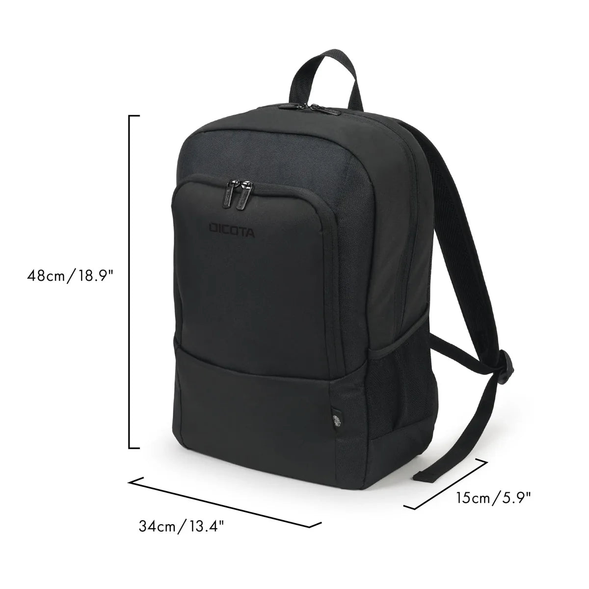 Black Decota backpack shown on a white background with dimension lines and text indicating height of 42cm/16.5", width of 32cm/12.