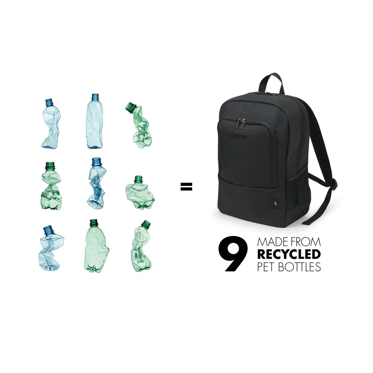 A black backpack shown on a white background next to a graphic explaining that it is made from recycled pet bottles, with nine empty plastic bottles in blue and green shades arranged on the left and a large '9 MADE FROM RECYCLED PET BOTTLES' text below.