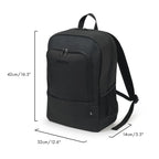 Black Decota backpack shown on a white background with dimension lines and text indicating height of 42cm/16.5", width of 32cm/12.