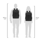 Black backpack shown on mannequins with height measurements
