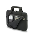 Black briefcase with compartments for electronic devices on a white background