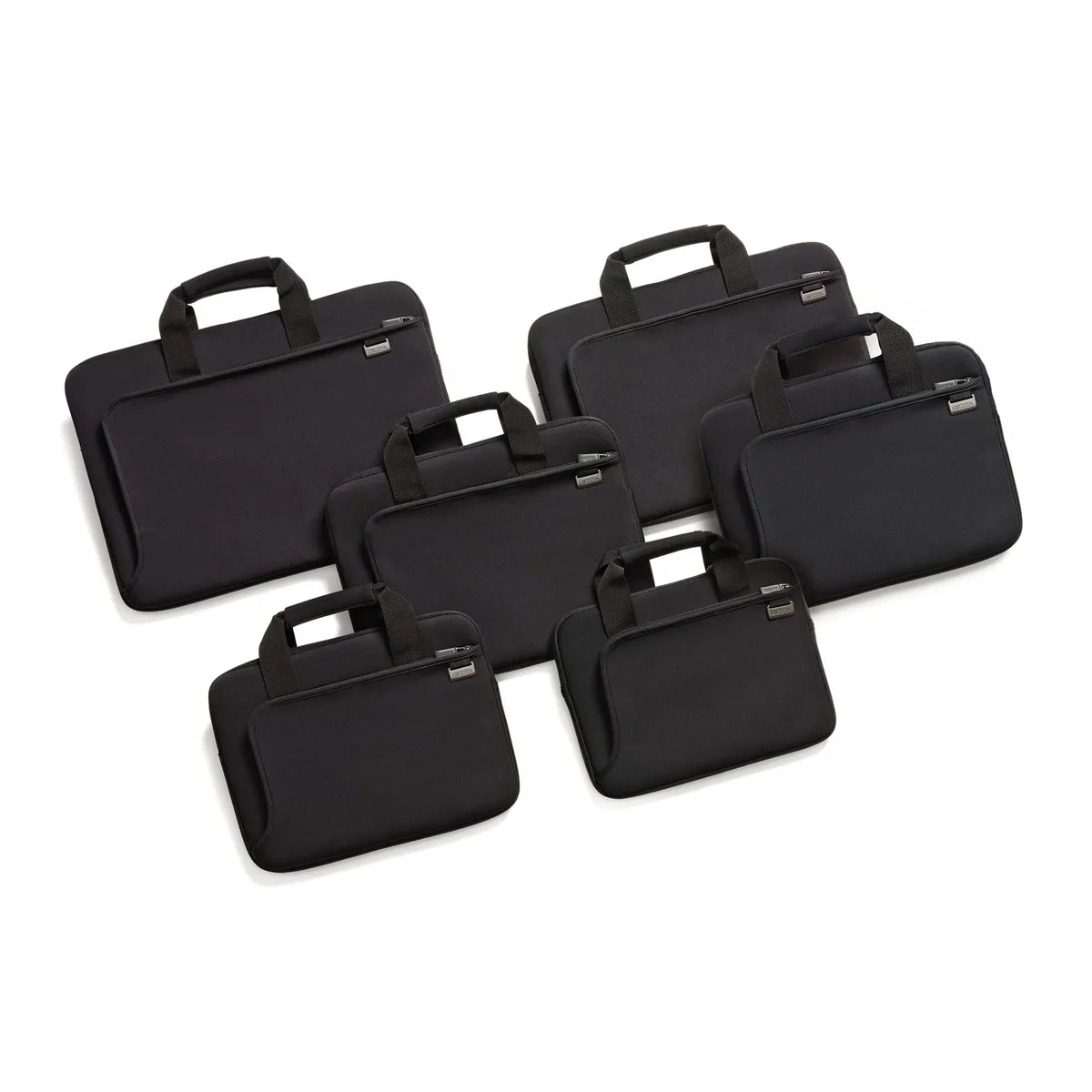 Set of six black briefcases arranged on a white background