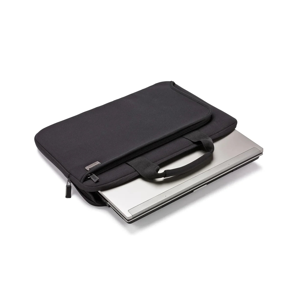 A black laptop sleeve with a top handle, shown partially unzipped to reveal a silver laptop inside, on a clean white background.