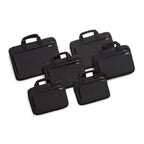 Set of six black briefcases arranged on a white background