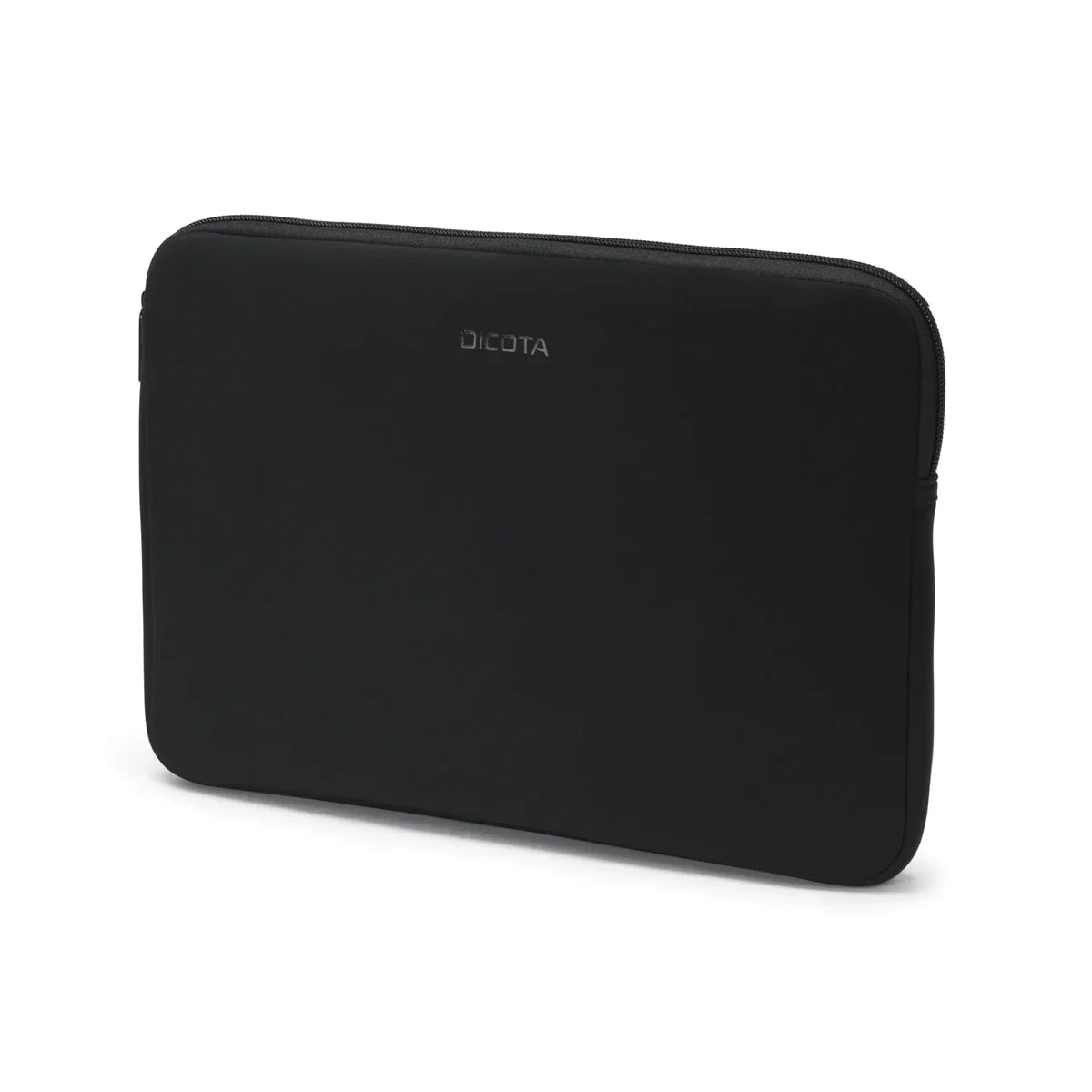A black neoprene laptop sleeve with a silver 'DICOTA' logo on the front, shown on a clean white background.