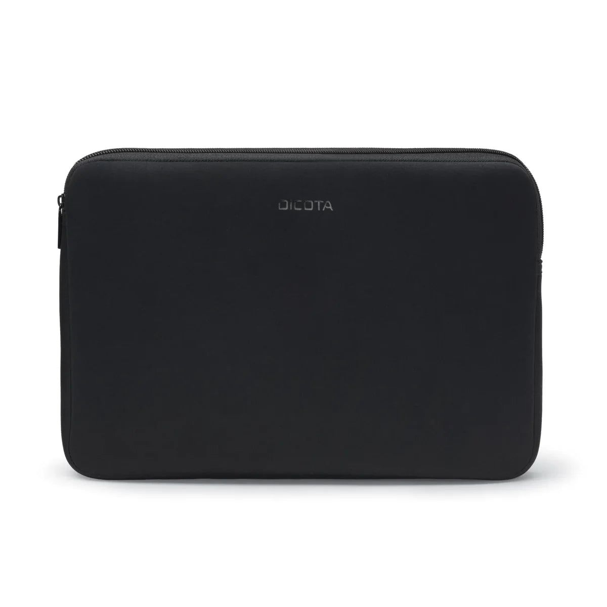 A black neoprene laptop sleeve with a silver 'DICOTA' logo printed on the front, shown against a plain white background.