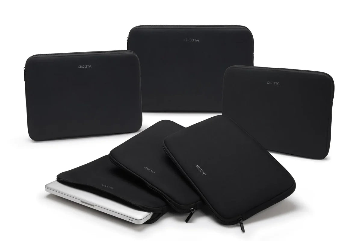 Set of black laptop sleeves with visible brand logo on a white background
