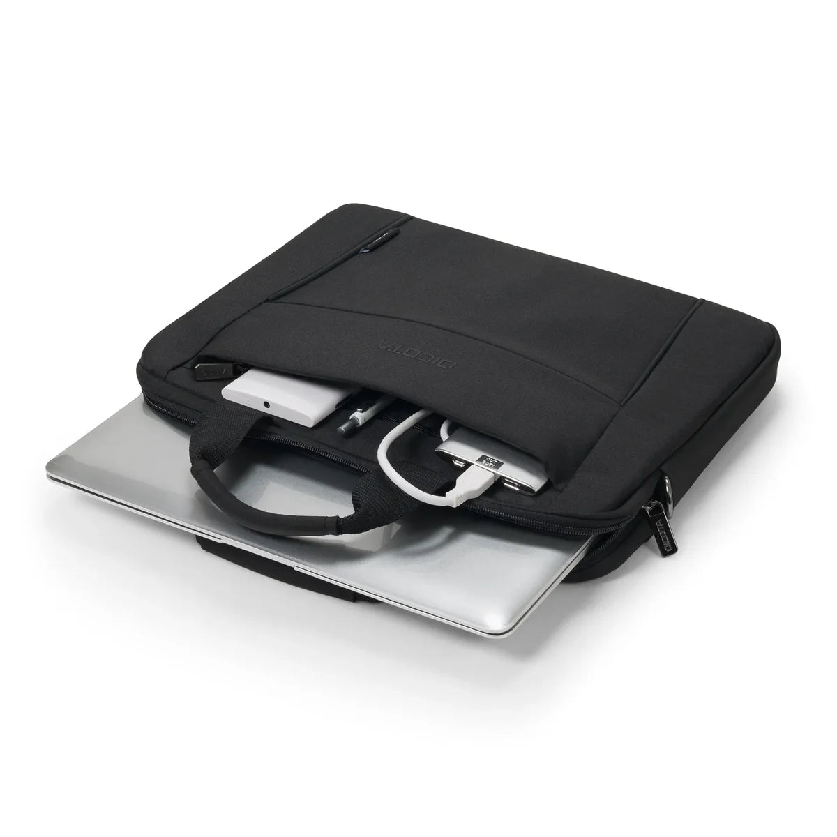 Black laptop bag with a silver laptop on a white background