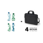 A black laptop sleeve or briefcase-style bag with a handle and shoulder strap, shown on a white background next to four recycled plastic bottles in blue and green, with text reading 'MADE FROM RECYCLED PET BOTTLES' and a large number 4.