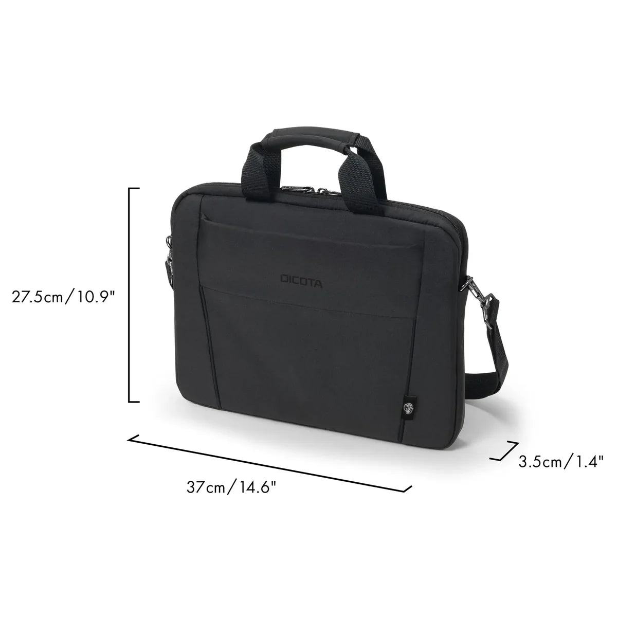 Black laptop bag with dimensions labeled: 27.5cm/10.