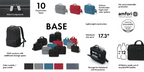 A promotional infographic for a BASE laptop backpack, showing multiple color and material options, feature callouts, size information, and certification logos on a white background.