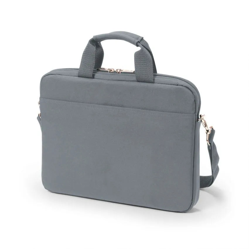 Gray briefcase with a handle and shoulder strap on a white background