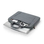 Gray laptop bag with a handle and zippers on a white background