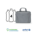 A gray Aicorta laptop sleeve shown on a white background, alongside a graphic indicating it holds the equivalent of four plastic bottles, with 'Sustainable & Responsible' and 'amfori' logos at the bottom.