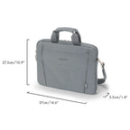 A gray laptop sleeve with a top handle and shoulder strap, shown on a white background with dimension lines and text indicating measurements of 27.5cm/10.