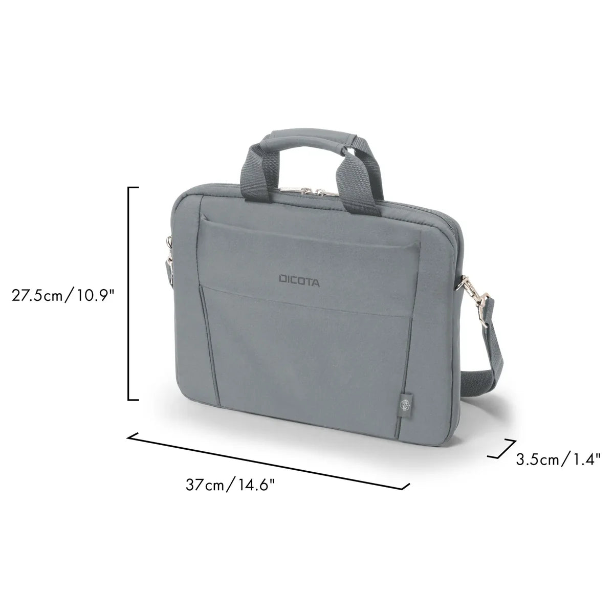 A gray laptop sleeve with a top handle and shoulder strap, shown on a white background with dimension lines and text indicating measurements of 27.5cm/10.
