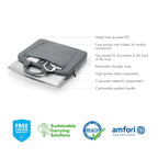 A dark gray laptop backpack shown on a white background with callout lines listing features such as recycled PET material, mobile accessory holders, a slip pocket, removable shoulder strap, cushioned compartment, and padded handle. Logos for Free Lifetime Warranty, Sustainable Carrying Solutions, Reach, and Amfori appear along the bottom.