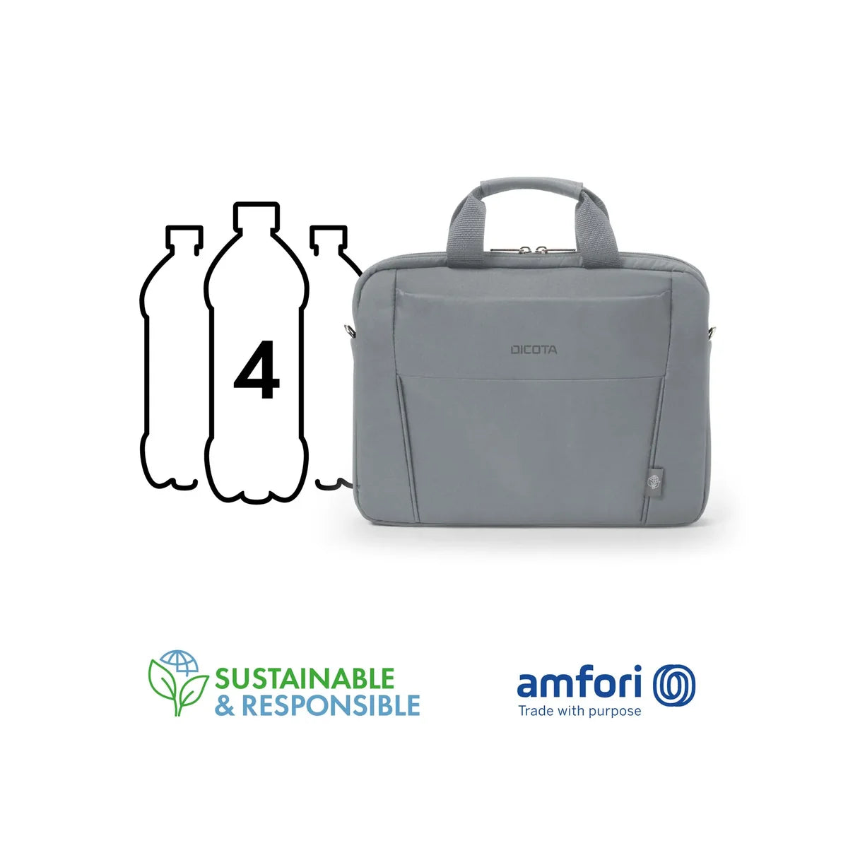 A gray Aicorta laptop sleeve shown on a white background, alongside a graphic indicating it holds the equivalent of four plastic bottles, with 'Sustainable & Responsible' and 'amfori' logos at the bottom.