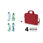 A red laptop sleeve with a small logo on the front, shown next to four recycled plastic bottles in green and blue, with text reading 'MADE FROM RECYCLED PET BOTTLES' and a large number 4.