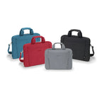 Four laptop briefcases in blue, red, gray, and black, arranged in a group on a clean white background. Each bag features a top handle, a shoulder strap, and a zippered main compartment.
